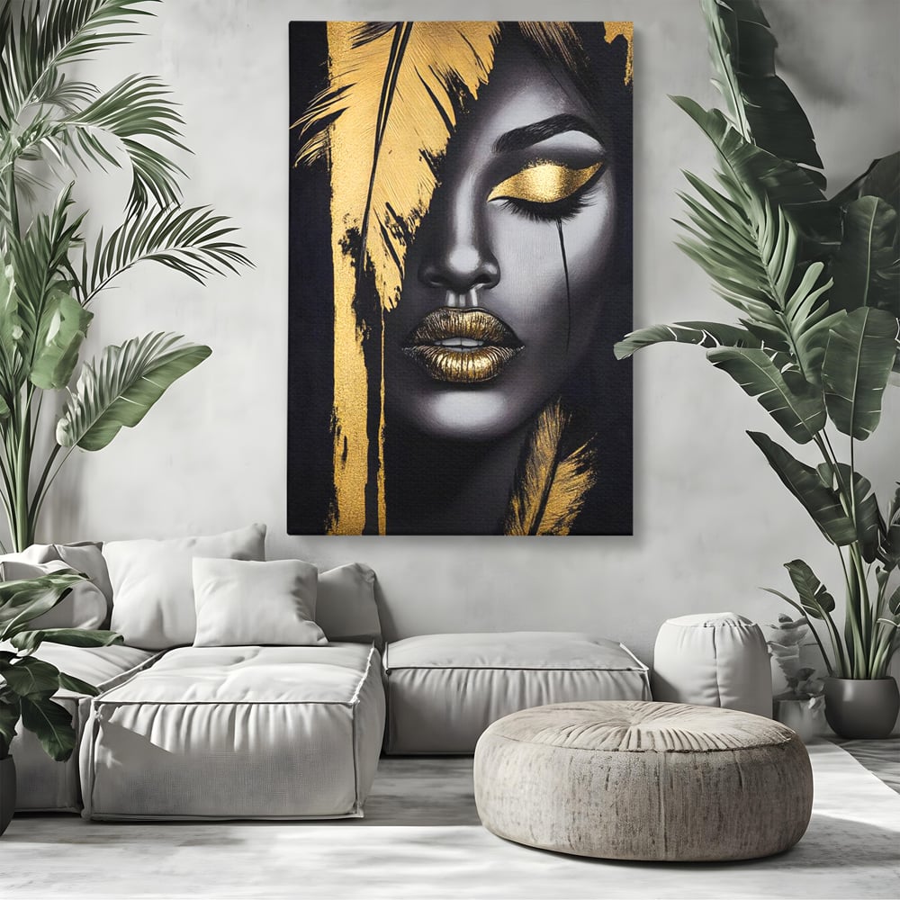 Tablou canvas cu tablou canvas cu portret stilizat de femeie, fara rama, pe sasiu de lemn, pe perete intr-un living